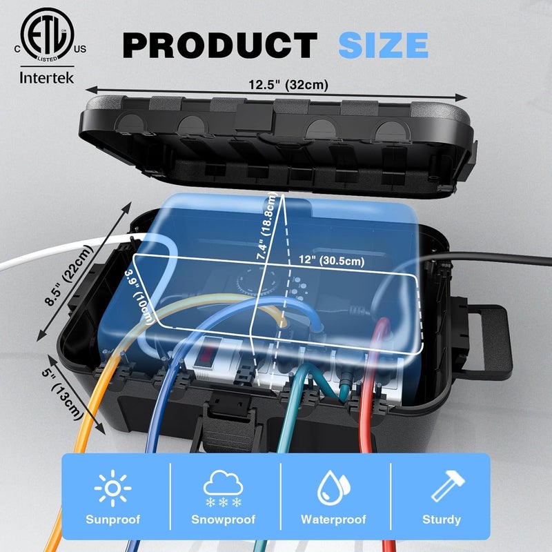 Flemoon Large Outdoor Electrical Box (12.5 x 8.5 x 5 inch), IP54 Waterproof Extension Cord Cover Weatherproof, Protect Outlet, Plug, Socket, Timer, Power Strip, Holiday Light Decoration, Black - Image 4